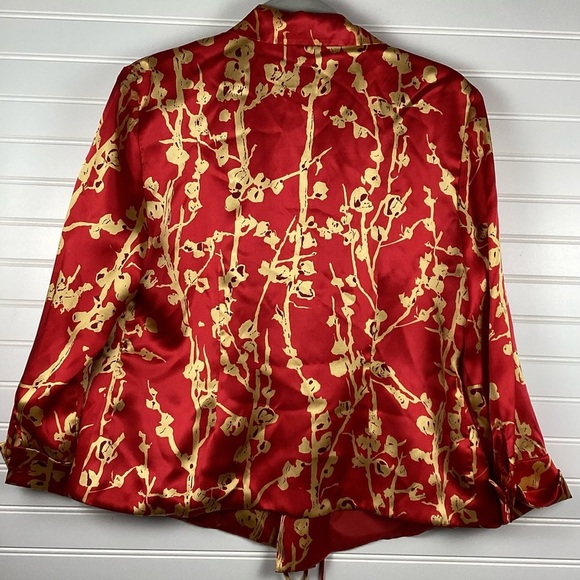 ICE Red 100%Silk Open cardigan jacket with Tie in Front  Size Large red& Gold - Picture 4 of 7
